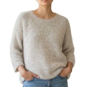 Chicos Women Metallic Gold Fleck Fuzzy Knit Sweater Top Sz 1 Med 8 Cozycore Boho